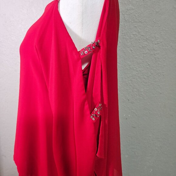 Valentines Elegant Red Layered Chiffon Dress With Rhinestone Embellishments & Co - Picture 4 of 16